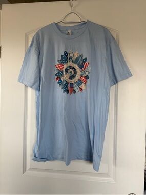 American Apparel Light Blue Graphic Tee with Patriotic Patchwork